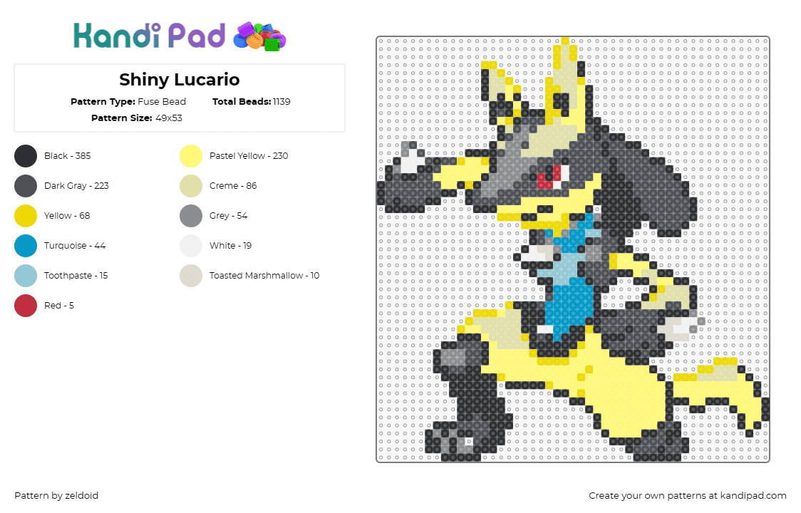 Shiny Lucario - Fuse Bead Pattern by zeldoid on Kandi Pad - lucario,pokemon,fighting,steel,aura,anthropomorphic,stance,yellow