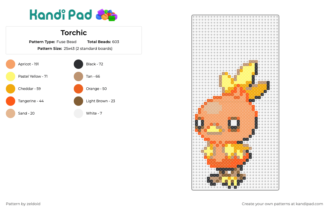 Torchic - Fuse Bead Pattern by zeldoid on Kandi Pad - torchic,pokemon,creature,fire,anime,gaming,orange,yellow