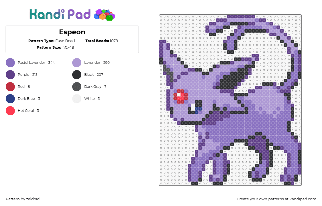 Espeon - Fuse Bead Pattern by zeldoid on Kandi Pad - espeon,pokemon,eevee,psychic,evolution,character,anime,gaming,pink