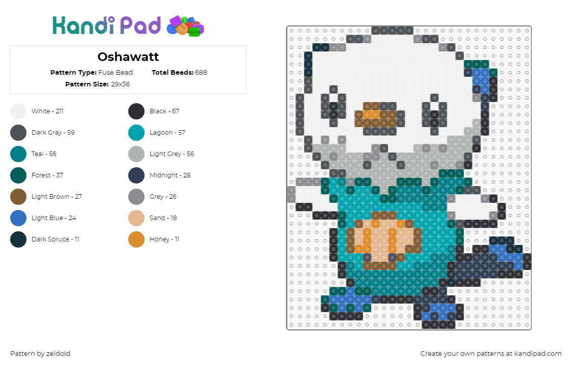 Oshawatt - Fuse Bead Pattern by zeldoid on Kandi Pad - oshawatt,pokemon,character,gaming,teal,white,blue