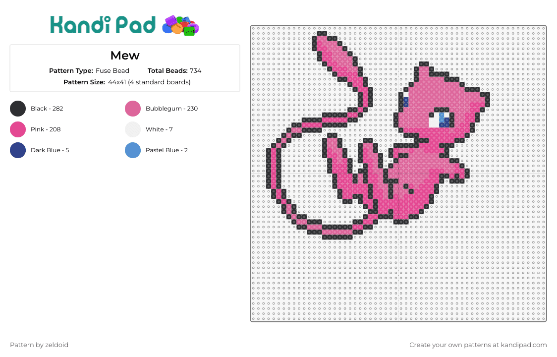 Mew - Fuse Bead Pattern by zeldoid on Kandi Pad - mew,pokemon,playful,mystical,beloved character,unique,pink,purple