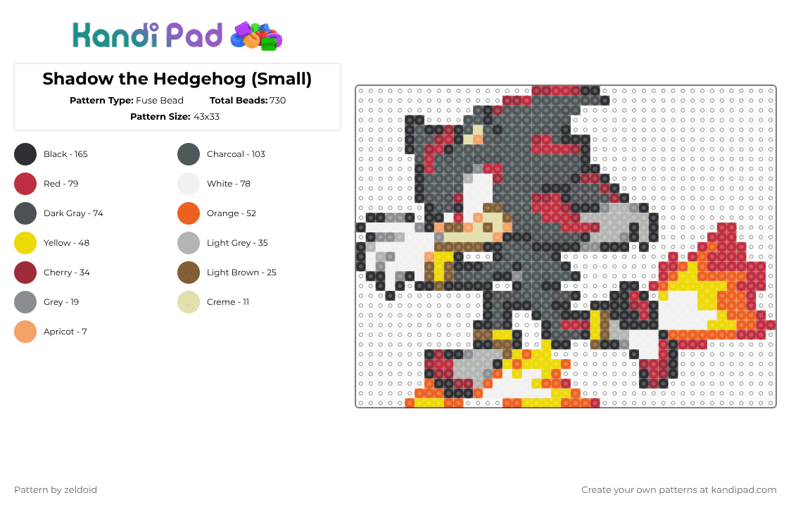 Shadow the Hedgehog (Small) - Fuse Bead Pattern by zeldoid on Kandi Pad - red,gray,pink