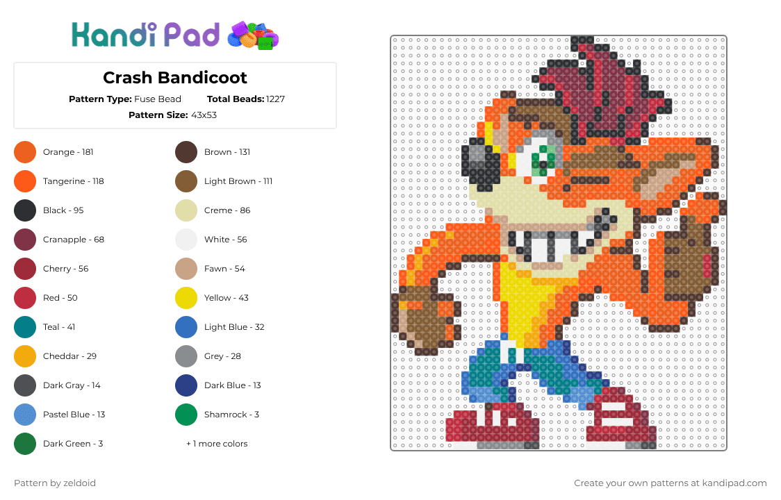 Crash Bandicoot - Fuse Bead Pattern by zeldoid on Kandi Pad - crash bandicoot,character,playstation,video game,animal,gaming,brown,orange,yellow,colorful