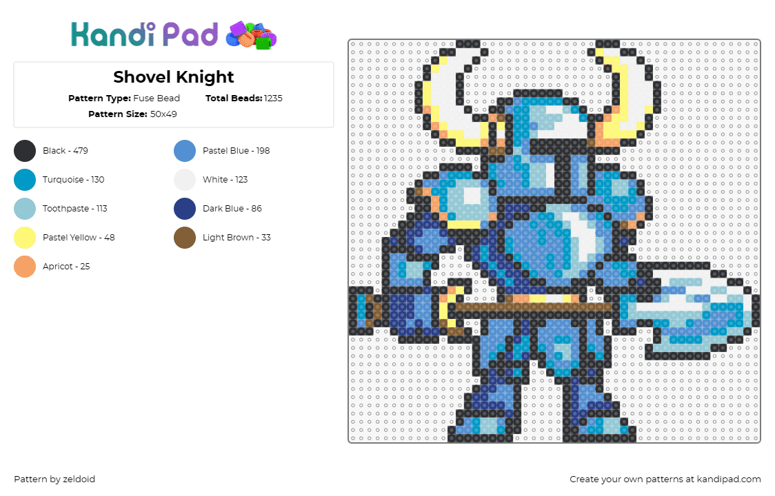 Shovel Knight - Fuse Bead Pattern by zeldoid on Kandi Pad - shovel knight,video games,knight,armor,shovel,helmet,fantasy,blue