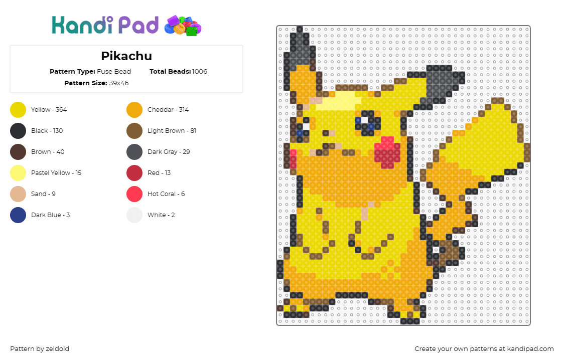 Pikachu - Fuse Bead Pattern by zeldoid on Kandi Pad - pikachu,pokemon,electric-type,anime character,nostalgia,yellow