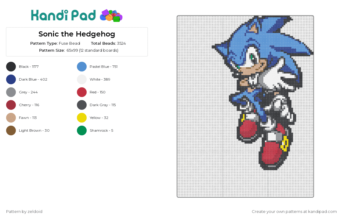 Sonic the Hedgehog - Fuse Bead Pattern by zeldoid on Kandi Pad - sonic the hedgehog,sega,video game icon,speed,red shoes,gaming,blue