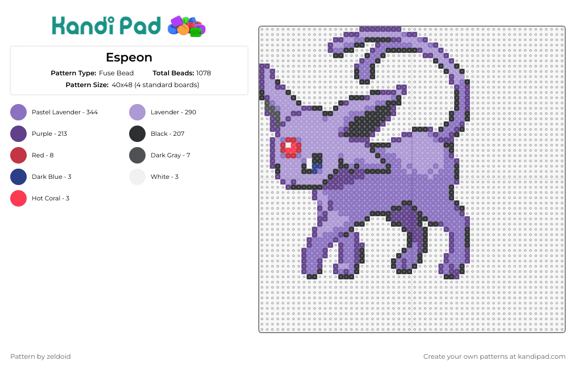 Espeon - Fuse Bead Pattern by zeldoid on Kandi Pad - espeon,eevee,pokemon,mystique,creature,feline,lavender,violet,purple