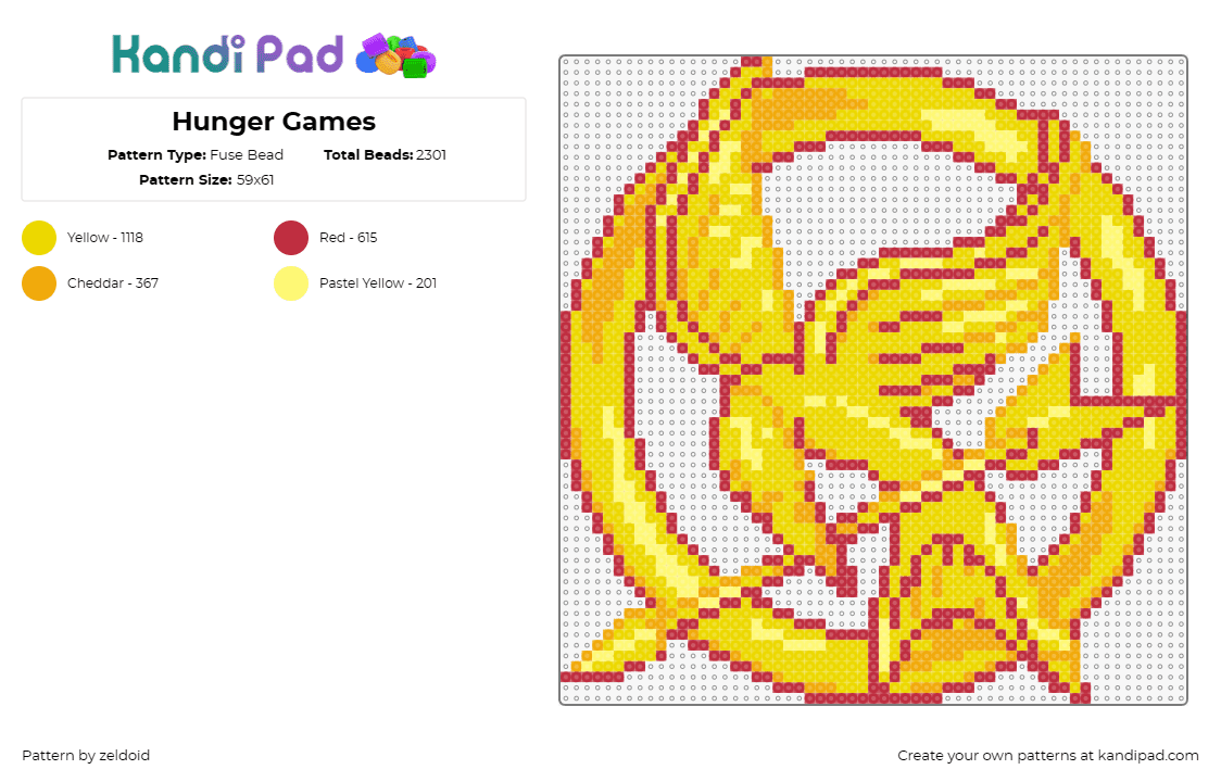 Hunger Games - Fuse Bead Pattern by zeldoid on Kandi Pad - hunger games,mockingjay,symbol,emblem,gold,yellow,bold tones