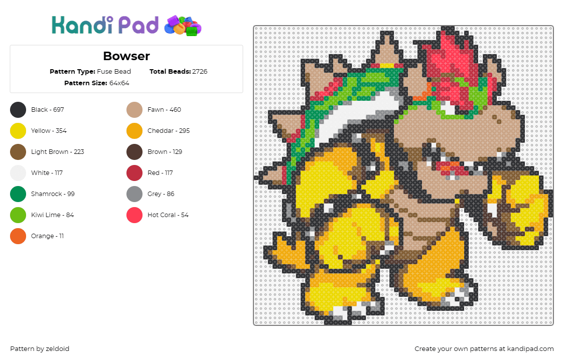 Bowser - Fuse Bead Pattern by zeldoid on Kandi Pad - bowser,super mario,nintendo,gaming,fiery,earthy,brown,green,red