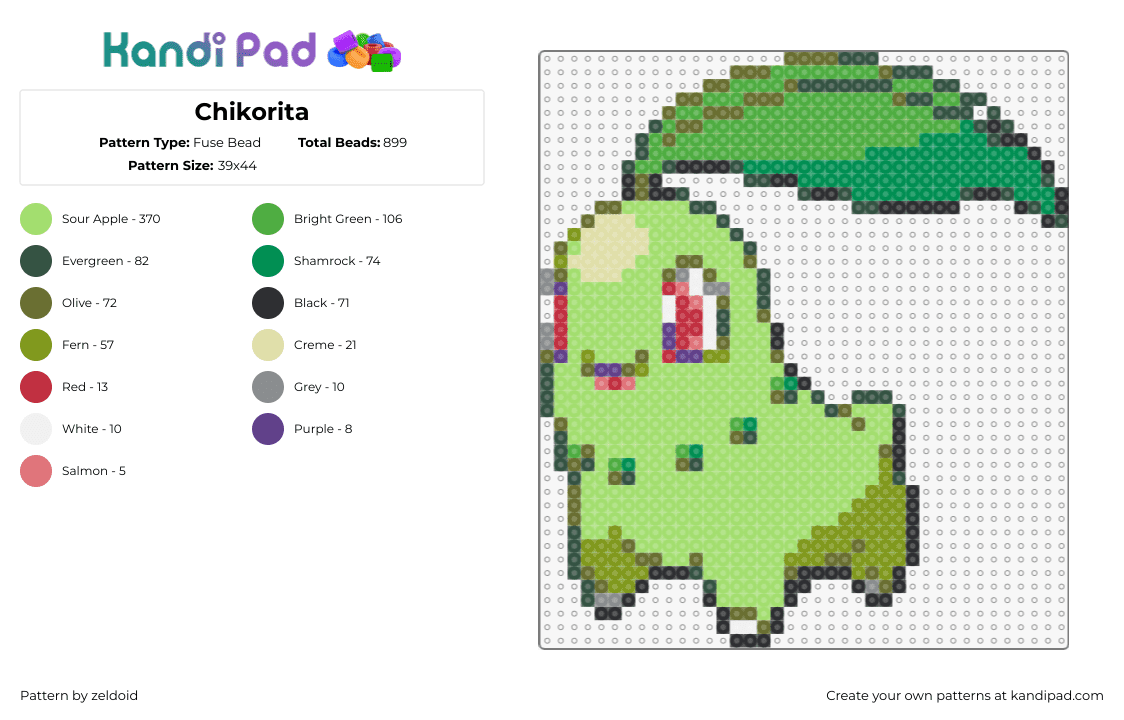 Chikorita - Fuse Bead Pattern by zeldoid on Kandi Pad - chikorita,pokemon,character,gaming,cute,leaf,green