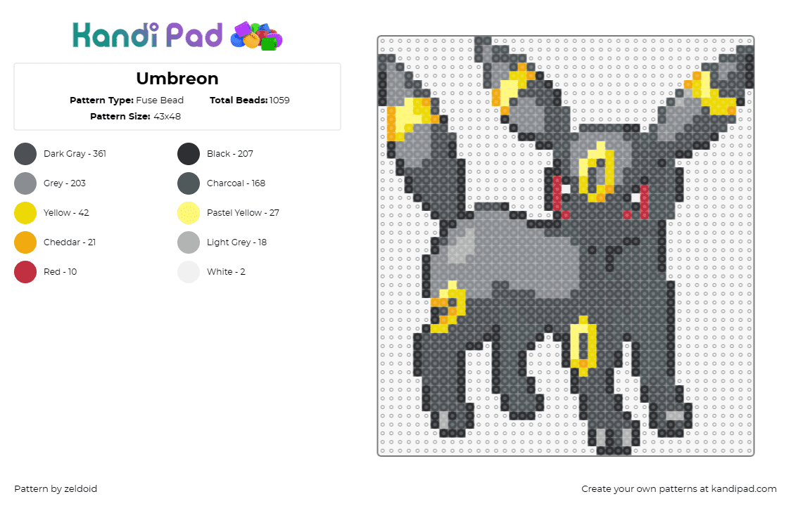 Umbreon - Fuse Bead Pattern by zeldoid on Kandi Pad - umbreon,eevee,pokemon,dark colors,enigmatic,animated character,red eyes,night-th