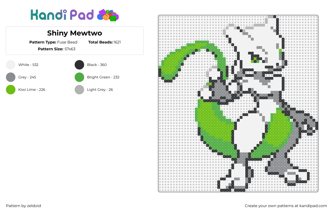 Shiny Mewtwo - Fuse Bead Pattern by zeldoid on Kandi Pad - mewtwo,pokemon,character,gaming,white,green,gray