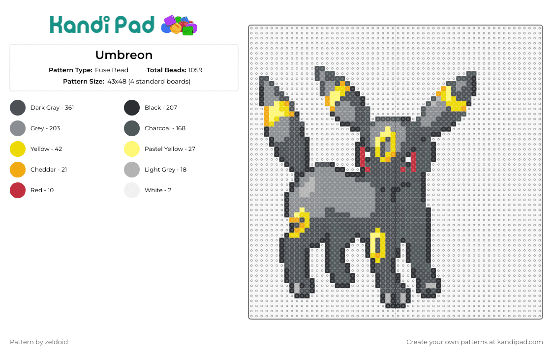 Umbreon - Fuse Bead Pattern by zeldoid on Kandi Pad - umbreon,eevee,pokemon,dark colors,enigmatic,animated character,red eyes,night-themed