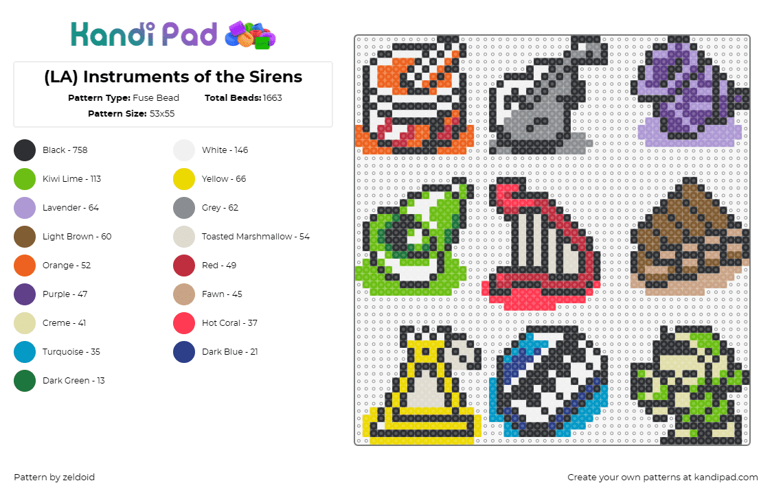 (LA) Instruments of the Sirens - Fuse Bead Pattern by zeldoid on Kandi Pad - legend of zelda,link,video games,instruments,sirens,ocarina,xylophone,marimba,ac