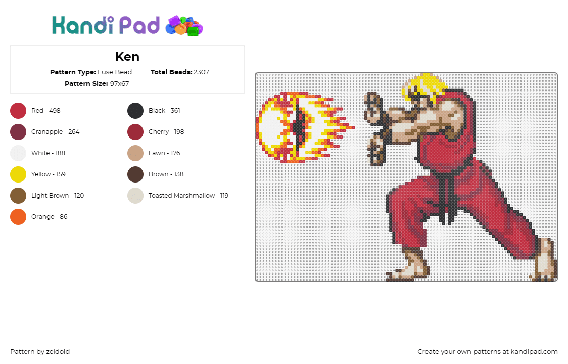 Ken - Fuse Bead Pattern by zeldoid on Kandi Pad - ken,street fighter,hadouken,martial arts,combat,fighter,crimson,flame,tangerine