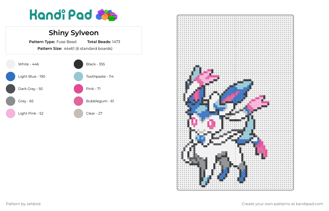 Shiny Sylveon - Fuse Bead Pattern by zeldoid on Kandi Pad - sylveon,pokemon,enchanting,beloved,shimmering,allure,evolution,pink,blue,white