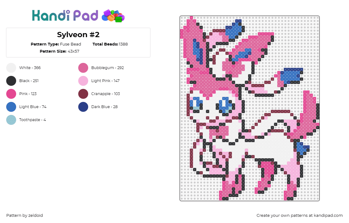 Sylveon #2 - Fuse Bead Pattern by zeldoid on Kandi Pad - sylveon,eevee,pokemon,pink,playful,animated character,evolution,ribbons,blue eye