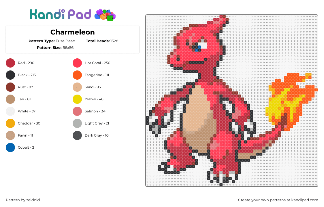 Charmeleon - Fuse Bead Pattern by zeldoid on Kandi Pad - charmeleon,pokemon,charmander,evolution,flame,fiery,gaming,character,red,orange,tan