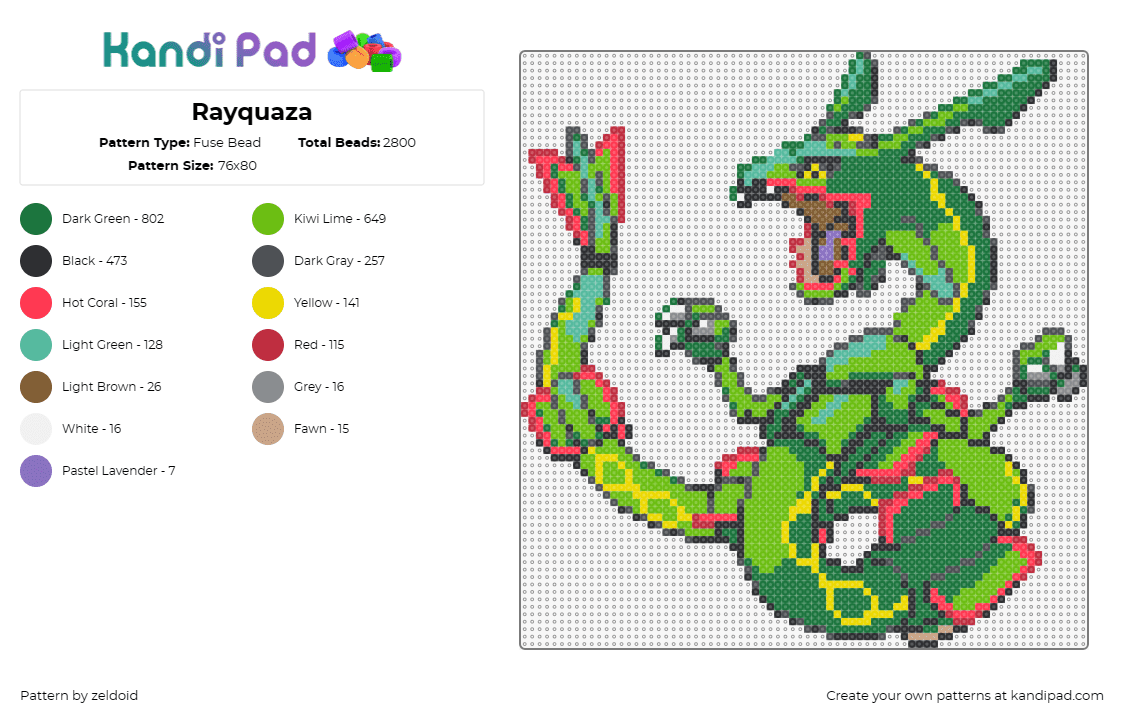 Rayquaza - Fuse Bead Pattern by zeldoid on Kandi Pad - rayquaza,pokemon,legendary,vibrant essence,striking greens,fierce details,red,ye