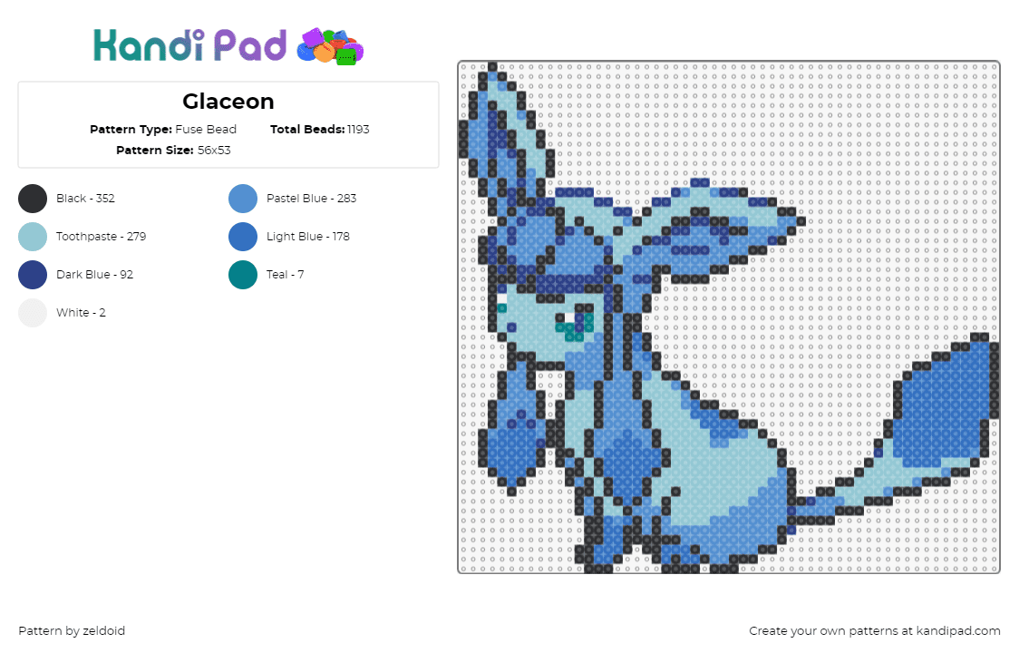 Glaceon - Fuse Bead Pattern by zeldoid on Kandi Pad - glaceon,pokemon,evolution,eevee,character,gaming,light blue,blue