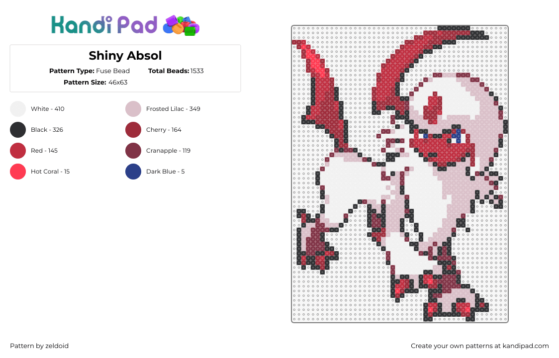 Shiny Absol - Fuse Bead Pattern by zeldoid on Kandi Pad - absol,pokemon,character,gaming,white,red