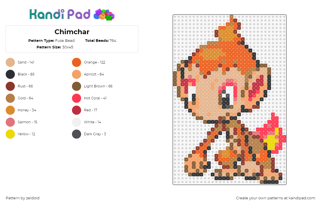 Chimchar - Fuse Bead Pattern by zeldoid on Kandi Pad - chimchar,pokemon,character,gaming,fiery,flame,monkey,chimpanzee,orange,tan