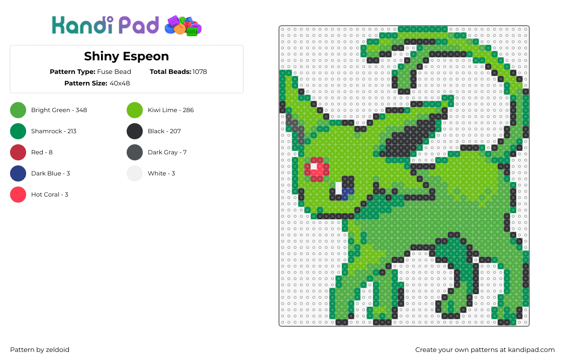 Shiny Espeon - Fuse Bead Pattern by zeldoid on Kandi Pad - espeon,pokemon,eevee,evolution,character,gaming,green