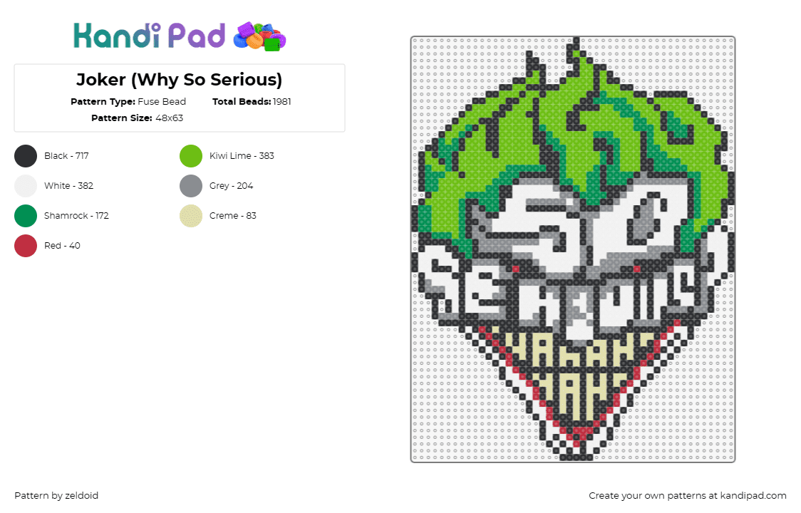 Joker (Why So Serious) - Fuse Bead Pattern by zeldoid on Kandi Pad - joker,batman,dc comics,gripping,detailed,character,villain,green,white