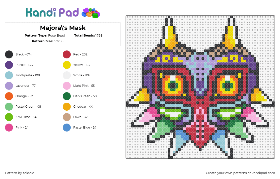 Majora\'s Mask - Fuse Bead Pattern by zeldoid on Kandi Pad - majoras mask,legend of zelda,eyes,colorful,horns,video game,red,purple,yellow