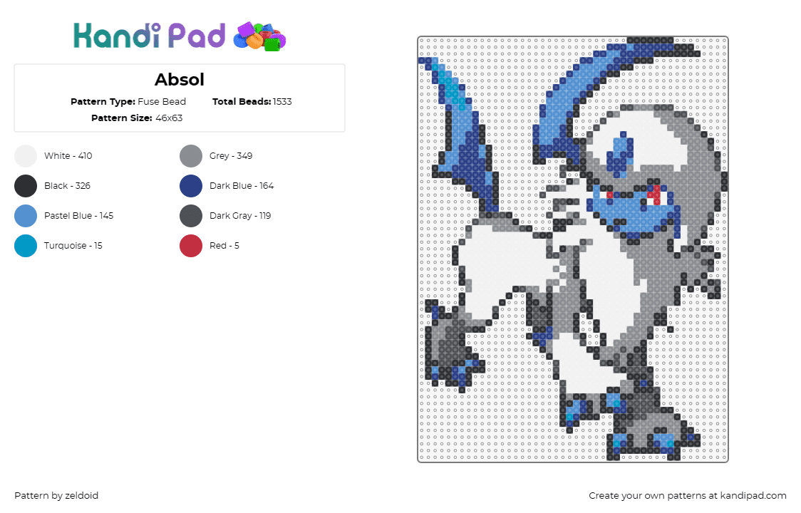 Absol - Fuse Bead Pattern by zeldoid on Kandi Pad - absol,pokemon,creature,video game,white,blue