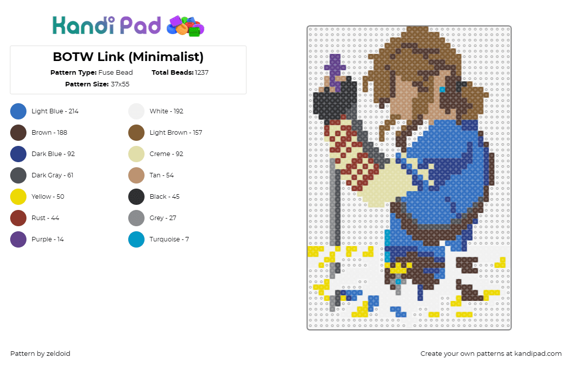 BOTW Link (Minimalist) - Fuse Bead Pattern by zeldoid on Kandi Pad - link,legend of zelda,video game character,hero,sword,shield,adventure,blue,brown