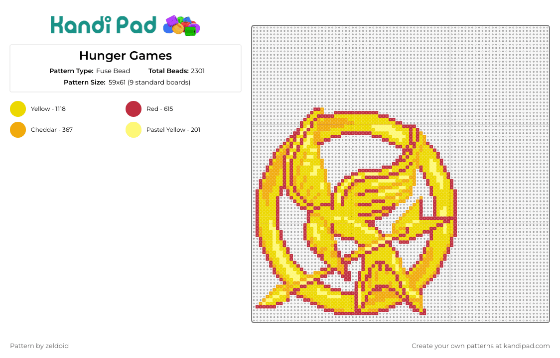 Hunger Games - Fuse Bead Pattern by zeldoid on Kandi Pad - hunger games,mockingjay,symbol,emblem,tribute,gold,yellow,bold tones
