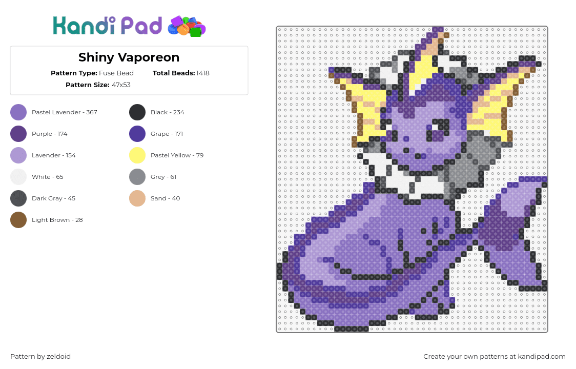 Shiny Vaporeon - Fuse Bead Pattern by zeldoid on Kandi Pad - vaporeon,pokemon,character,gaming,evolution,eevee,purple