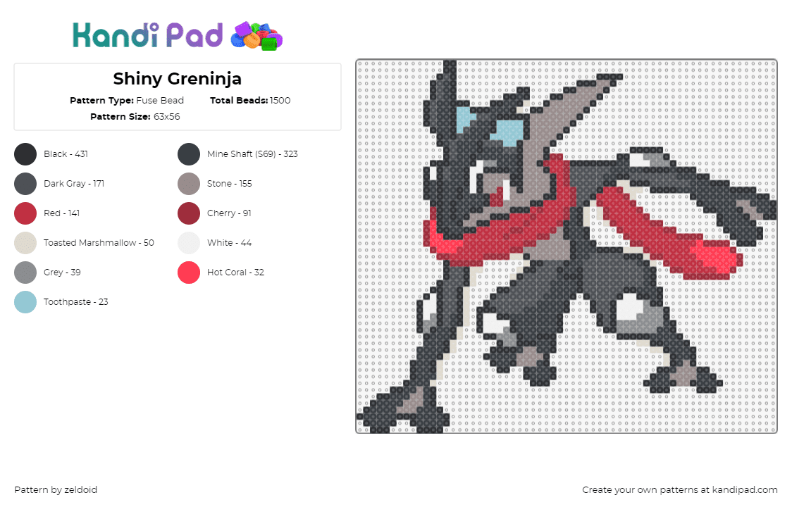 Shiny Greninja - Fuse Bead Pattern by zeldoid on Kandi Pad - greninja,pokemon,character,gaming,gray,red