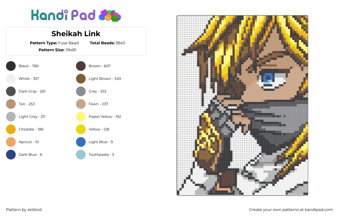 Sheikah Link - Fuse Bead Pattern by zeldoid on Kandi Pad - link,legend of zelda,sheikah,video game,character,blonde,mask,yellow,tan,gray