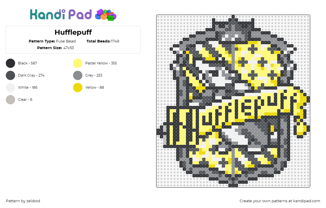 Hufflepuff - Fuse Bead Pattern by zeldoid on Kandi Pad - hufflepuff,harry potter,crest,emblem,badge,badger,loyalty,fairness,dedication,gr