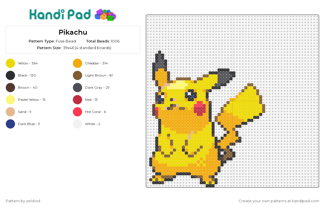 Pikachu - Fuse Bead Pattern by zeldoid on Kandi Pad - pikachu,pokemon,electric-type,anime character,nostalgia,yellow