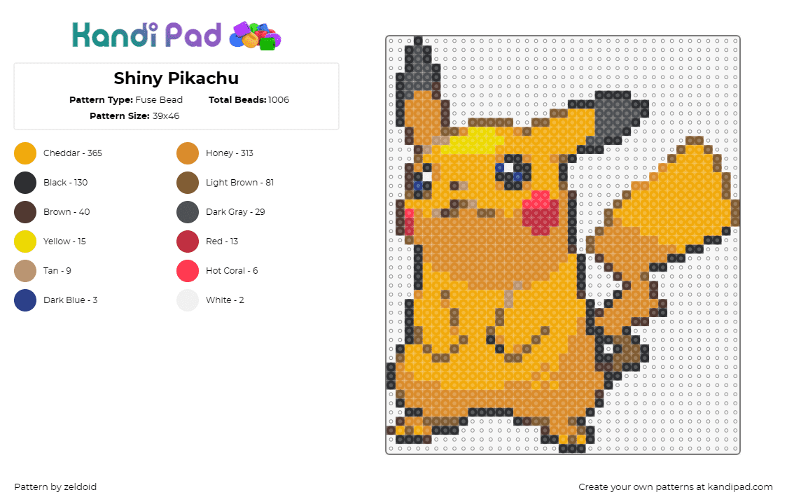 Shiny Pikachu - Fuse Bead Pattern by zeldoid on Kandi Pad - pikachu,pokemon,starter,character,gaming,cute,yellow