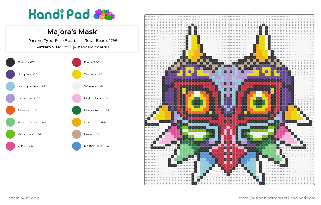 Majora\'s Mask - Fuse Bead Pattern by zeldoid on Kandi Pad - legend of zelda,majoras mask,vibrant,iconic,game,tribal,multicolor,purple,green,yellow,red