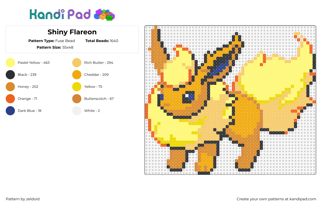 Shiny Flareon - Fuse Bead Pattern by zeldoid on Kandi Pad - flareon,pokemon,eevee,evolution,character,fiery,gaming,yellow,orange