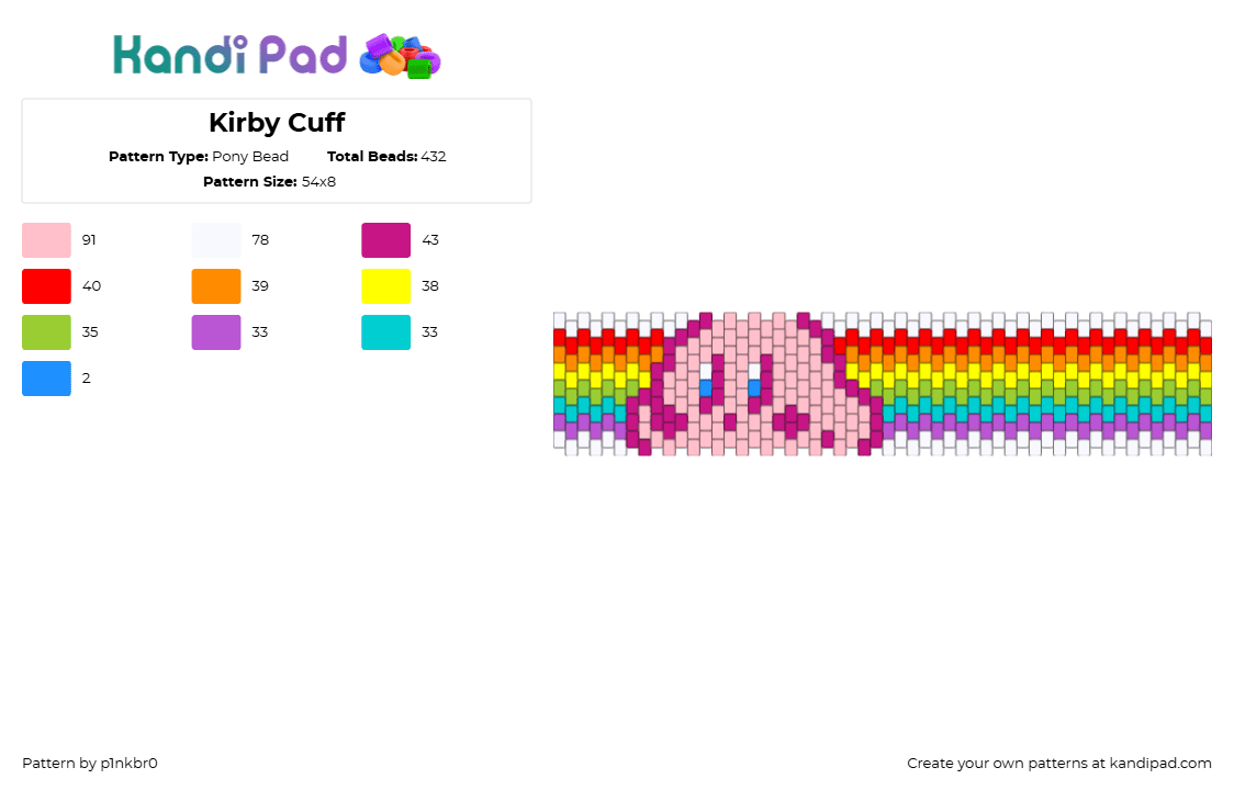 Kirby Cuff - Pony Bead Pattern by p1nkbr0 on Kandi Pad - kirby,nintendo,rainbow,cuff,video game,gaming,colorful,pink