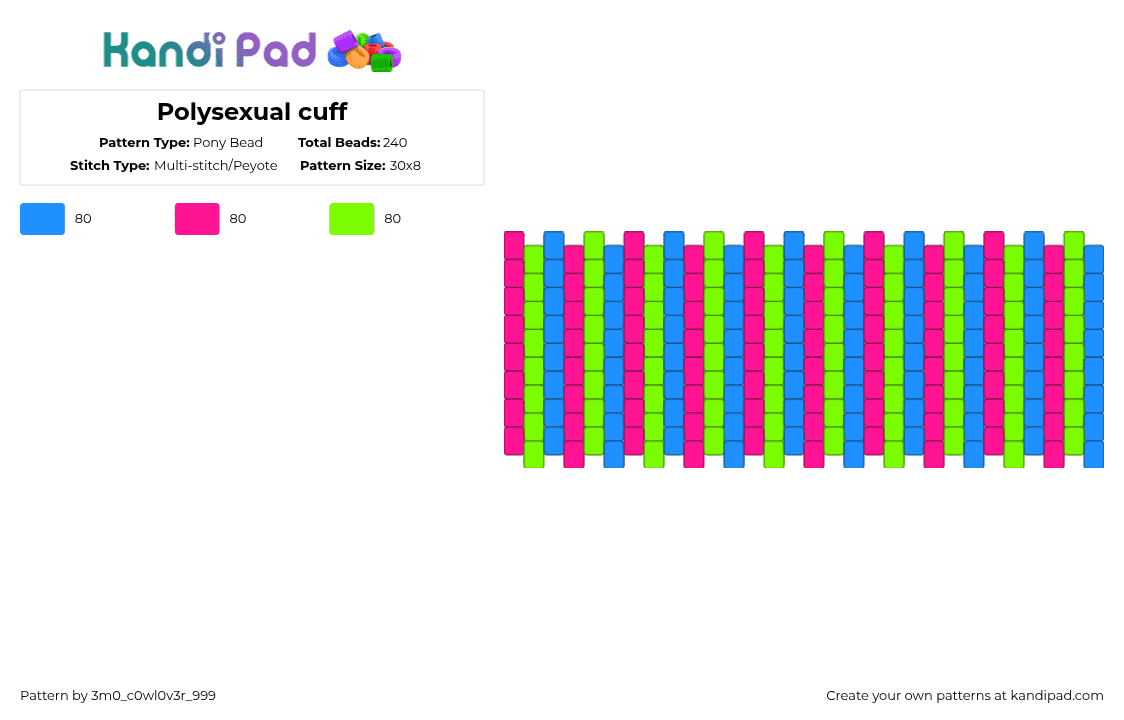 Polysexual cuff - Pony Bead Pattern by 3m0_0n4pawzzz on Kandi Pad - light blue,pink,green