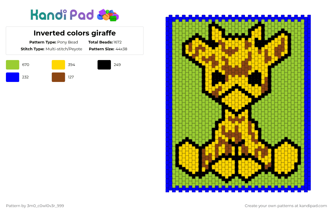 Inverted colors giraffe - Pony Bead Pattern by 3m0_0n4pawzzz on Kandi Pad - green,yellow