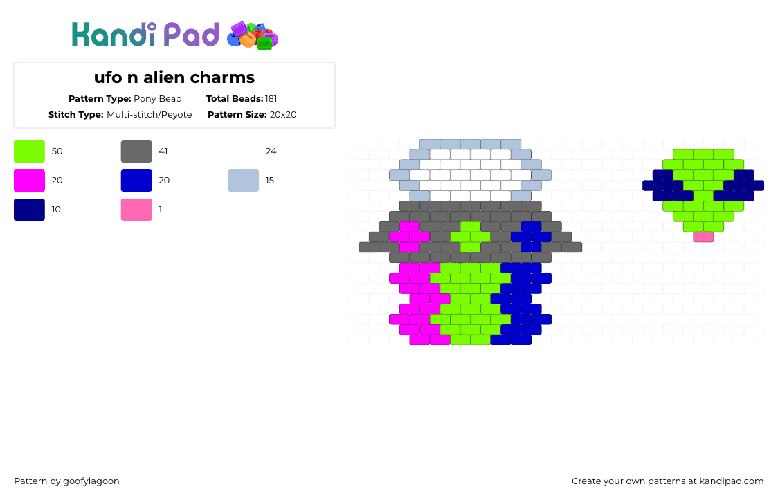 ufo n alien charms - Pony Bead Pattern by goofylagoon on Kandi Pad - gray,purple,green,ufo,alien,charm