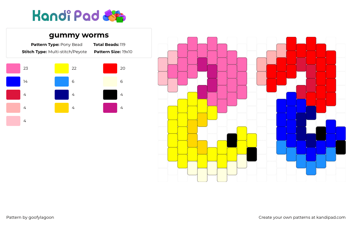 gummy worms - Pony Bead Pattern by goofylagoon on Kandi Pad - red,purple,yellow,pink,gummy,worms