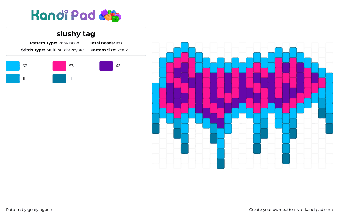 slushy tag - Pony Bead Pattern by goofylagoon on Kandi Pad - slushy,text,sign,charm,melting,pink,purple,light blue,tag,flat