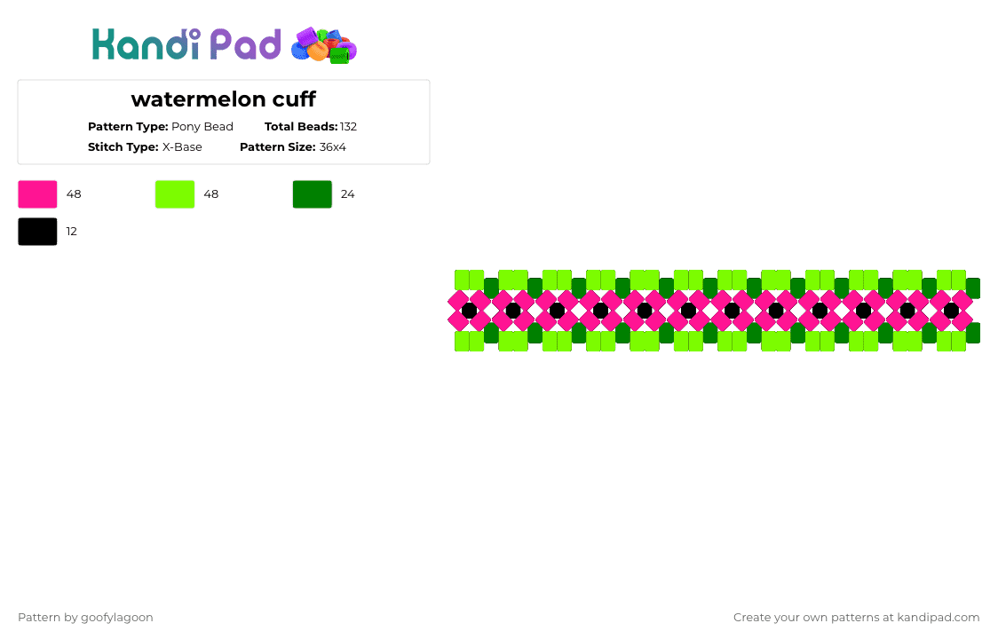 watermelon cuff - Pony Bead Pattern by goofylagoon on Kandi Pad - watermelon,xbase,cuff,bracelet,food,pink,green,fruit