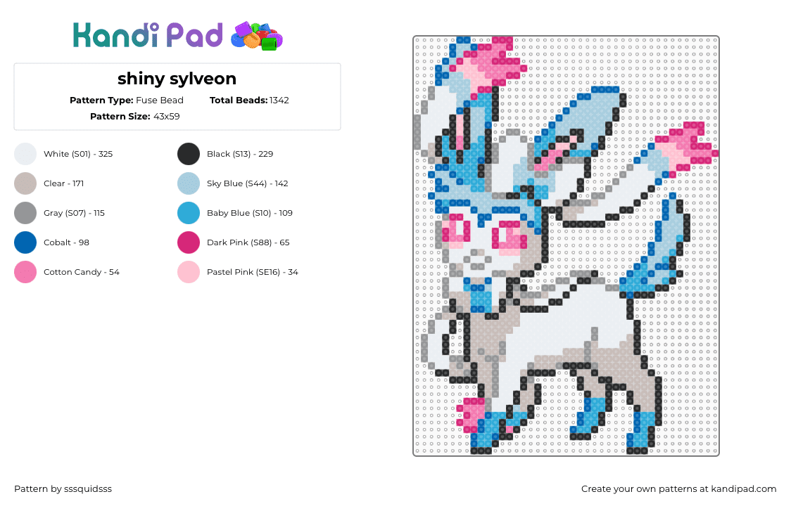shiny sylveon - Fuse Bead Pattern by sssquidsss on Kandi Pad - pink,light blue,beige
