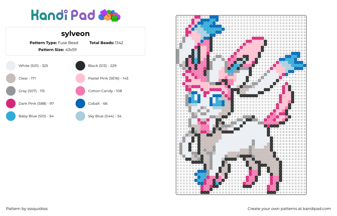 sylveon - Fuse Bead Pattern by sssquidsss on Kandi Pad - sylveon,pokemon,character,gaming,video game,pink,beige
