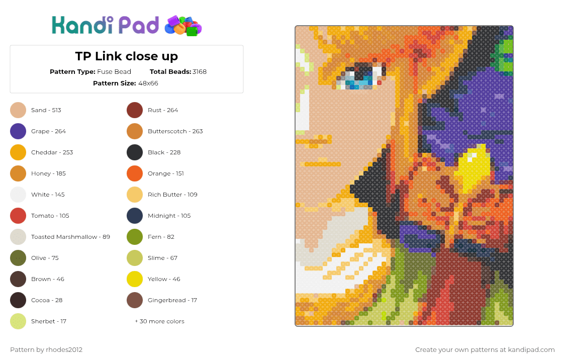 TP Link close up - Fuse Bead Pattern by rhodes2012 on Kandi Pad - beige,orange,red,purple,colorful